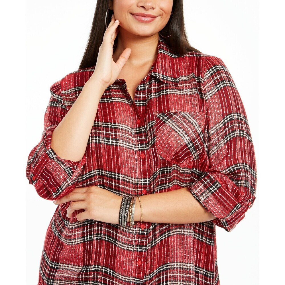 Style & Co Collared Button Sequin Highlight Shirt In Red Plaid Plus Size 1X
